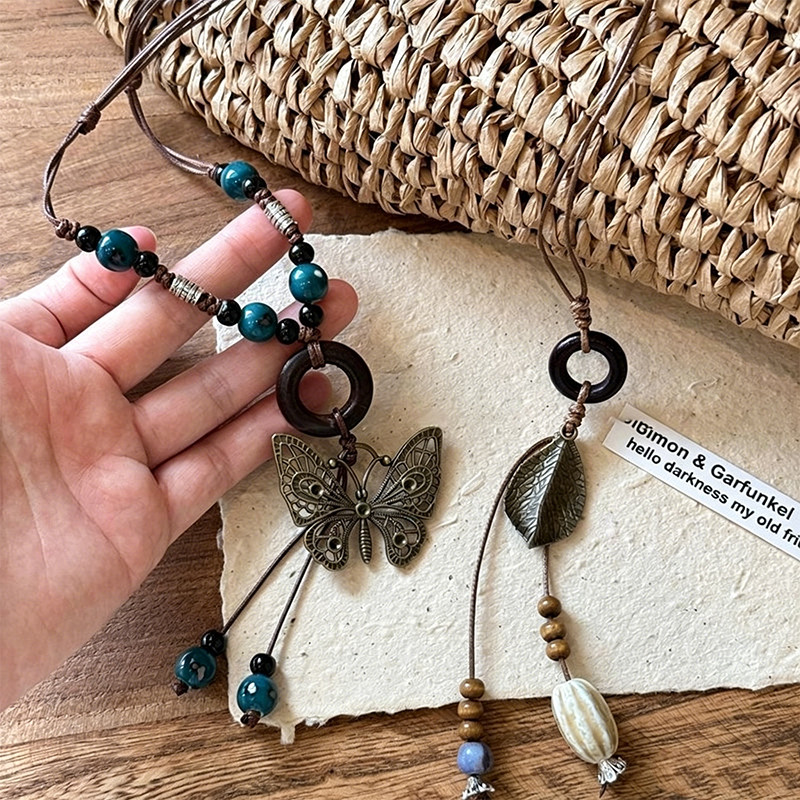 Vòng cổ dài lá bướm Bohemian, Dây có thể điều chỉnh với hạt ngọc lam & gỗ, Trang sức phong cách dân tộc cổ điển dành cho nữ