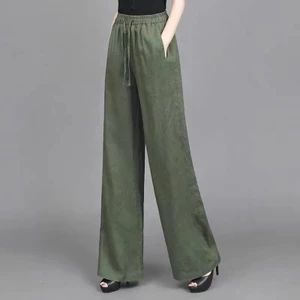 Tianmian Linen Thoải Mái Drap Quần Ống Rộng Quần Rời Nữ Mùa Xuân Túi Thiết Kế Phù Hợp Với Quần 5.26