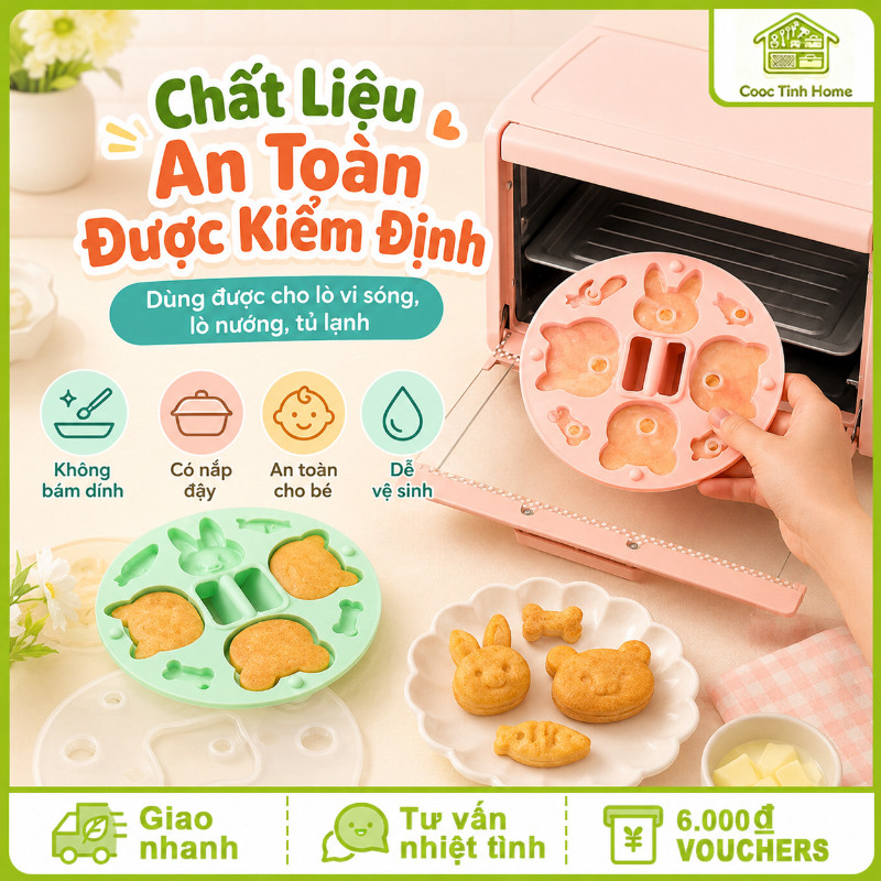 Bộ Khuôn Silicon Hình Dễ Thương - Làm Đậu Hũ & Đồ Ăn Dặm Cho Bé, Có Nắp Đậy Tiện Lợi, Chất Liệu An Toàn Được Kiểm Định