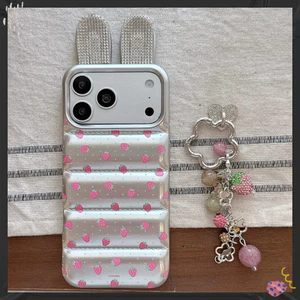 Dành Cho iPhone 17 16 15 14 Pro Max 13 Thiết Kế Tai Thỏ 3D Sang Trọng Họa Tiết Dâu Bạc Mềm TPU Chống Trầy Xước Vỏ Điện Thoại Có Mặt Dây Chuyền Bảo Vệ Chống Sốc Vỏ Chống Rơi