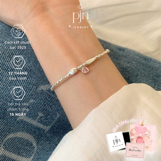 Vòng Tay Nữ Bạc PJN 925 Cá Heo Charm Trái Tim Hồng, Phong Cách Dễ Thương, Quà Tặng Bạn Gái VT20.B
