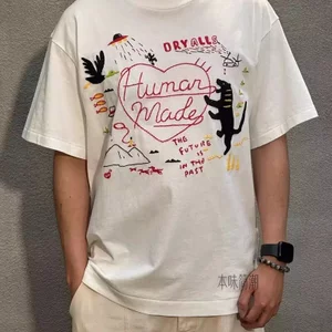 100% Cotton Cao Cấp Hồ Nam Vẽ Tay Phong Cách In Chữ Tay Ngắn Nam Nữ Rời Cổ Tròn Áo Thun Thường Ngày top Mùa Hè