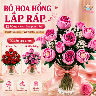 Bó hoa hồng lắp ráp 12 bông – Kèm hoa phụ trắng, trang trí sang trọng – Quà Valentine lãng mạn, chất lượng cao