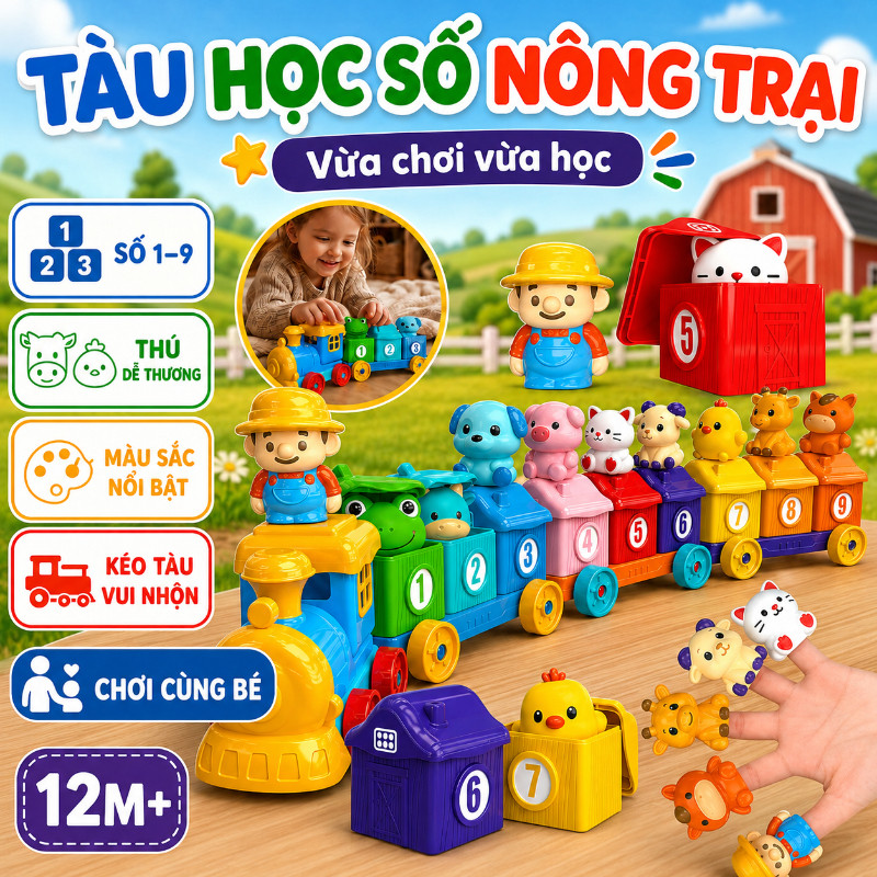 【SKISOPGO】Bộ tàu hỏa trang trại Montessori-đồ chơi ghép cặp dạy số,màu sắc và hình khối,Rối ngón tay Cho Trẻ Em