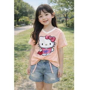 set áo phông quần đùi jean bé gái 20-41kg, bô hè bé gái quần đùi bò, set quần jean bé gái berie