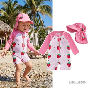 6M-4Y Bé Gái Dâu Bộ Đồ Bơi Có Mũ Chống Nắng Phong Cách Ngọt Ngào Dài Tay Bảo Vệ Rash Bộ Đồ Tắm