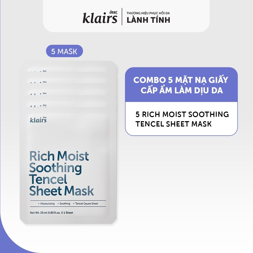 Combo 5 Mặt nạ giấy Dear Klairs Rich Moist Soothing Tencel Sheet Mask 25 ml [FS]