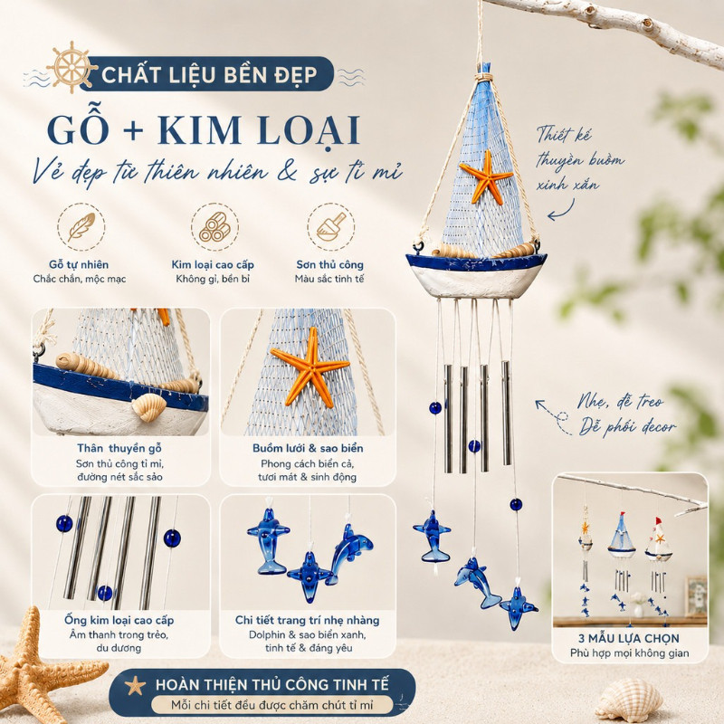 Chuông Gió Thuyền Buồm Sáng Tạo – Phong Cách Địa Trung Hải, Màu Xanh Biển – Treo Trang Trí Nhà Bếp, Văn Phòng, Phòng Ngủ