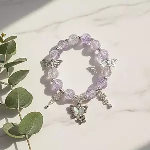 PNPIA- Vòng tay đính cườm bướm trẻ trung Thiết kế dây đàn hồi Phụ kiện thời trang Quà tặng cho bé gái tuổi Teen hàng ngày