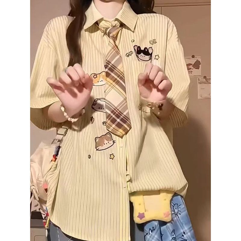 Phong Cách Nhật Bản Preppy Phong Cách Hoạt Hình Mèo Sọc Cổ POLO Áo Sơ Mi Tay Ngắn Nam Nữ Mùa Hè Rời Sinh Viên Top ins