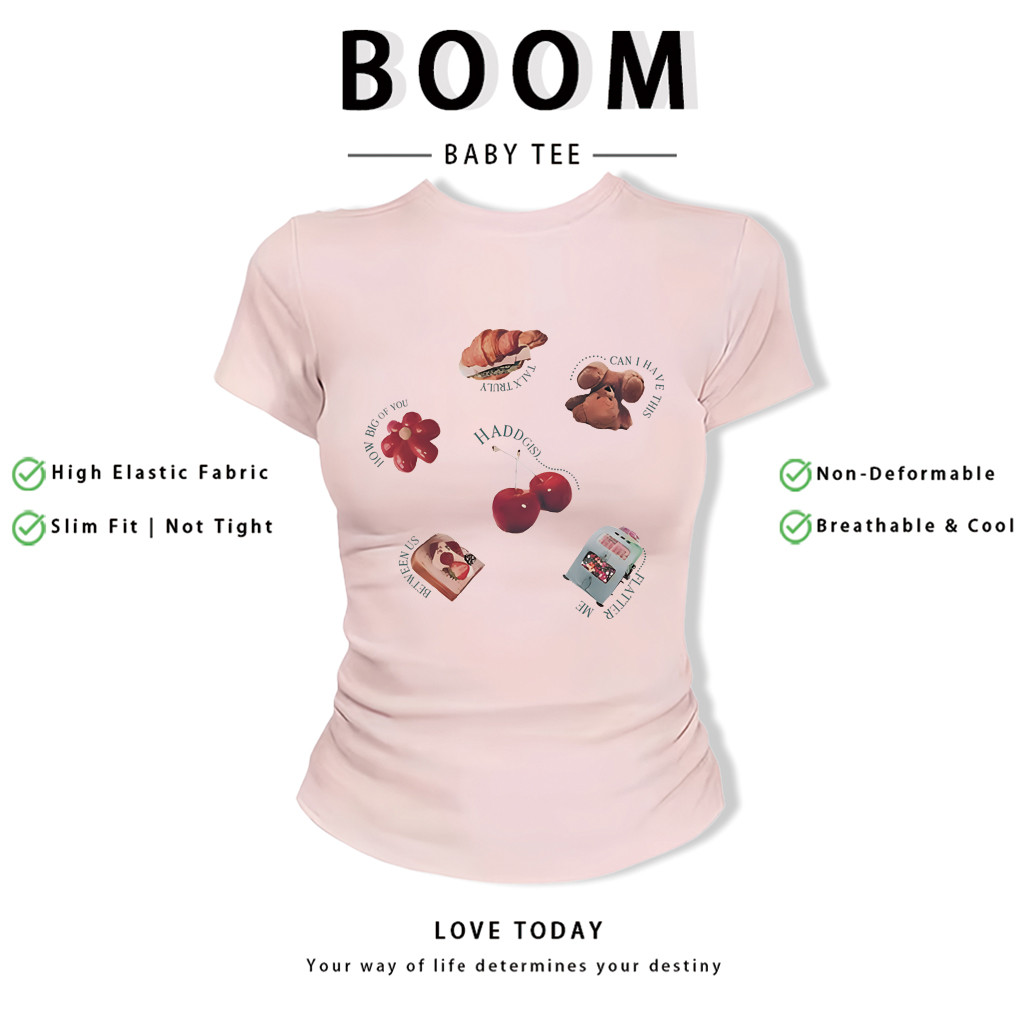 BOOM Áo Baby Tee Nữ Cotton Ôm Body-Áo Thun Ngắn Tay Y2K In Hình PhongCách Mùa Hè, Cổ Tròn Hàng Đầucách hàn quốc phong110