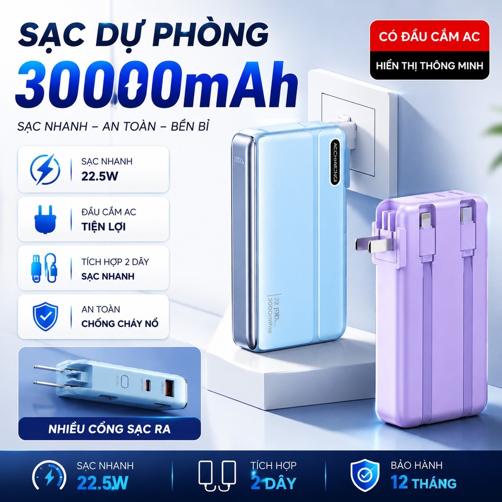 Sạc Dự Phòng 30000mAh Sạc Nhanh 22.5W/PD20 Tích Hợp 2 Dây Sạc Nhanh Đầu Cắm AC Màn Hình hiện thị pin