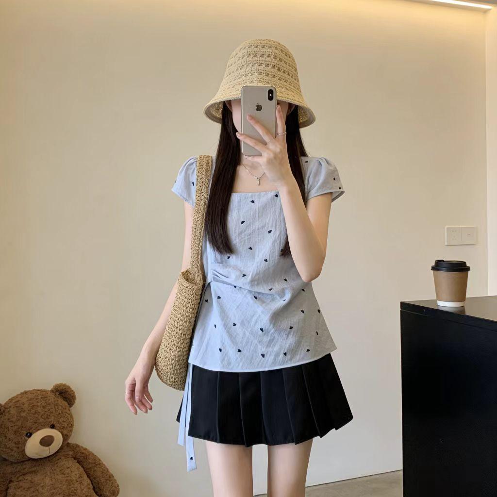 [Ưu đãi đặc biệt trong thời gian có hạn] Áo sơ mi ngắn tay tình yêu ngọt ngào phong cách nữ tính mùa hè béo MM Phiên bản Hàn Quốc Cổ vuông không đều có dây buộc