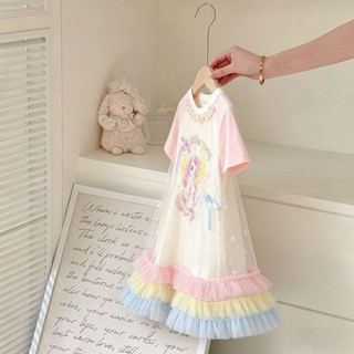 Đầm công chúa cho bé gái mùa hè - Váy lưới tay ngắn phối bèo pastel ngọt ngào