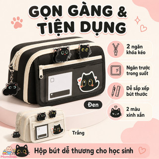 Hộp bút mèo đen – Vải Oxford chống nước, phong cách Ins – Nhiều ngăn, chứa rộng rãi – Ngăn trước trong suốt