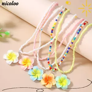 NICOLOO 5 Vòng Cổ Đính Hạt Hoa, Vòng Cổ Hạt Nhựa Nhiều Màu Sắc, Bohemia Plumeria Vòng Cổ Bãi Biển Mùa Hè