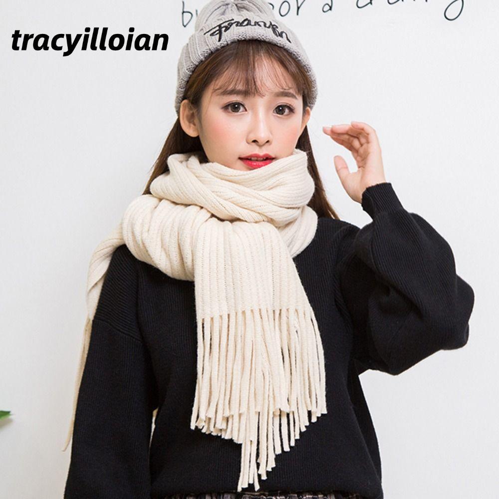 TRACEILLOIAN Khăn choàng Cashmere mùa đông, Khăn quàng cổ màu trơn dài tua rua ấm áp, Khăn quàng cổ dệt kim dày thanh lịch thời trang nữ