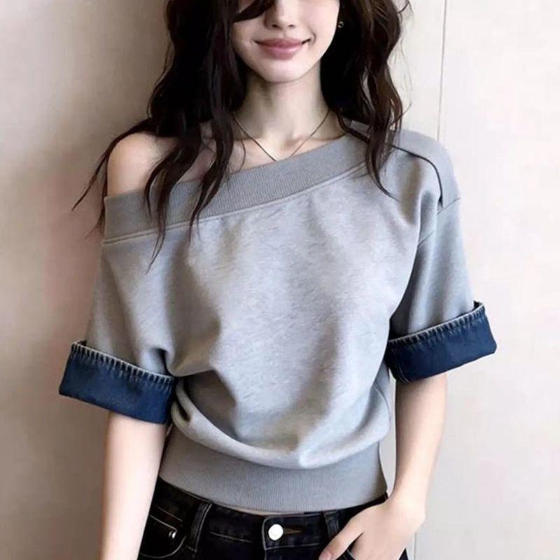 [Seckill trong thời gian có hạn] Áo thun ngắn tay trễ vai màu xám không va chạm Niche Thiết kế mùa hè dành cho nữ