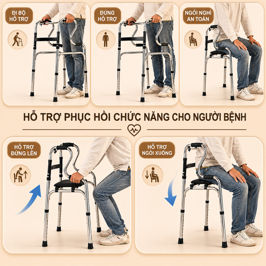 Khung tập đi cho người già có bánh xe🪑có ghế ngồi – khung inox chắc chắn phục hồi chức năng hiệu quả tại nhà