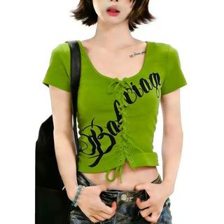 [Ưu đãi trong thời gian có hạn] Áo thun ngắn tay cổ chữ V in hình eo cao phiên bản Hàn Quốc dành cho nữ mùa hè Slim-Fit Slimer Look Thiết kế dây rút hàng đầu mùa hè
