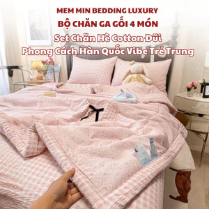 Set Chăn hè ga gối chất cotton đũi mềm Memmin Bedding Luxury thiết kế chấm ni thêu nơ xinh xắn
