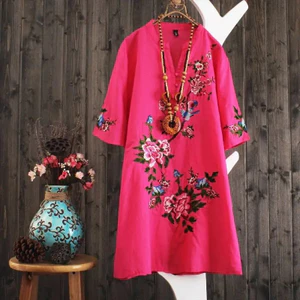VN Retro Phong Cách Dân Tộc Công Nghiệp Nặng Đầm Thêu Phong Cách Nữ, Áo Sơ Mi Tay Ngắn Rời Phong Cách Mới, Size Lớn, Phong Cách Mùa Hè