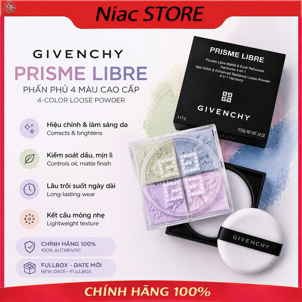[Chính Hãng]Givenchy Prisme Libre Matte 4-color Loose Powder Kiềm Dầu Mịn Lì Fullsize Tự Nhiên