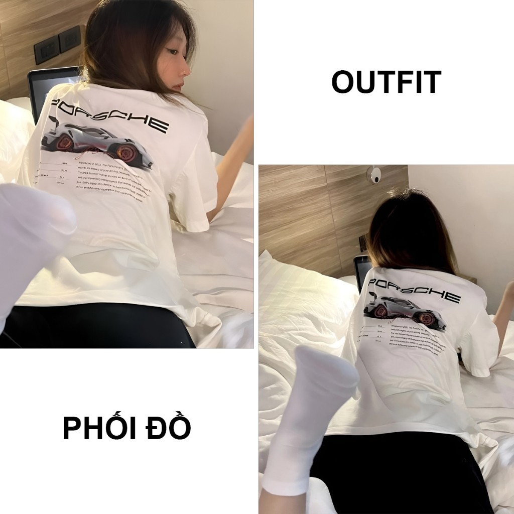 （Giao hàng 24h）Angela Áo thun nữ PORSCHE form rộng , áo phông basic unisex 260gsm cotton oversize đen