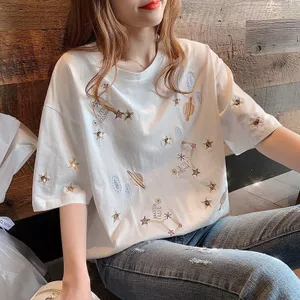 100% Cotton Thiết Kế Thêu Niche Áo Thun Nữ Tay Ngắn Mùa Hè 2025 Phong Cách Mới Rời Quần Áo Ngắn Phiên Bản Quần Áo Hàng Đầu Quần Áo