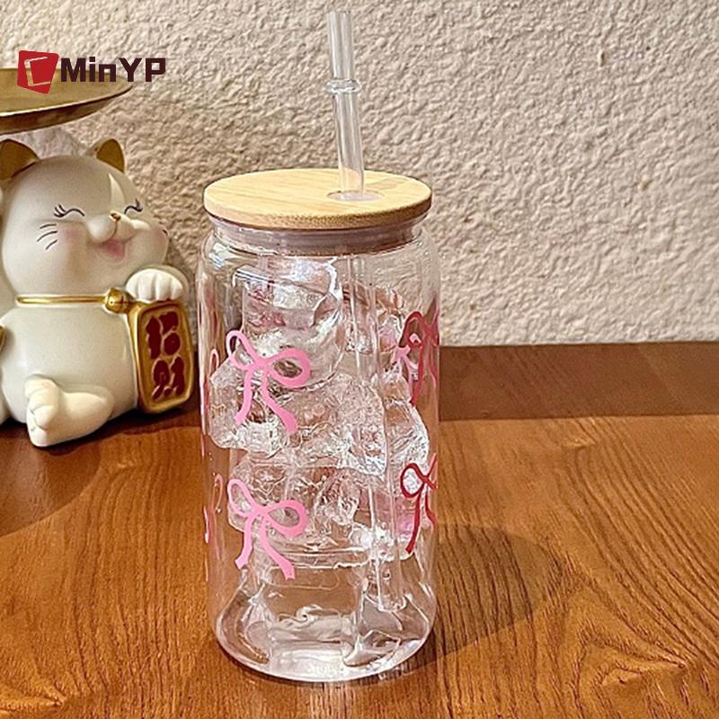 CyinYP Nơ Kính Dễ Thương Cốc Nước Hoạt Hình Nơ Cốc Thủy Tinh Sọc Dễ Thương Doodle Cà Phê Cốc Hộ Gia Đình Trà Trái Cây Nước chanh Bé Gái Quà Tặng Vinh Quang