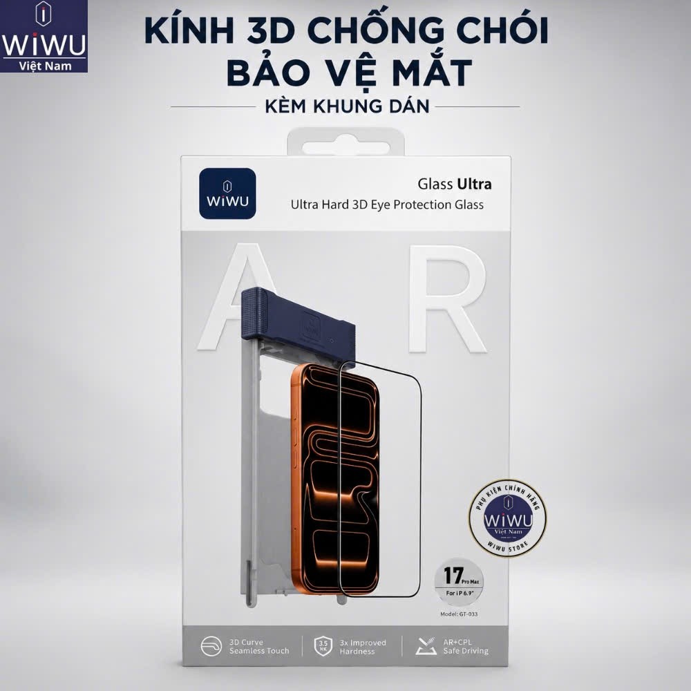 [Chính Hãng] Kính Cường Lực WiWU 3D AR GT-033 iPhone 17 Pro Max 16 Pro Max - Chống Chói AR, Chống Bụi Loa, Kèm Khung Dán