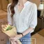Áo sơ mi thêu trắng nữ mùa hè dáng rộng dáng rộng hơn Áo sơ mi cổ chữ V tay năm điểm Áo thun thêu
