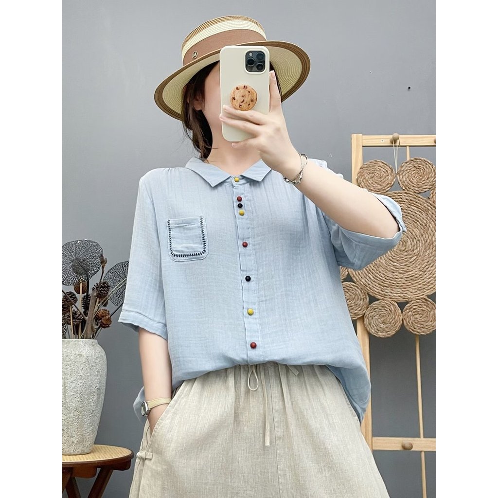 [Hàng có sẵn] Áo sơ mi nữ Cotton cao cấp dáng rộng tay ngắn, nút màu