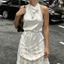 MAPLEPOET-Nữ Dây Cổ Satin Tank Áo Không Tay Mở Lưng Màu Trơn Thắt Lưng Thắt Lưng Áo Vest Mùa Hè