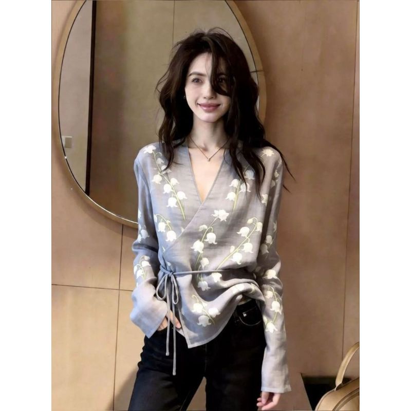 [Giảm giá trong thời gian có hạn] Áo sơ mi dài tay có dây đeo cổ chữ V phong cách Hàn Quốc