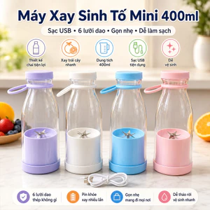 Máy Xay Sinh Tố Mini 400ml – Sạc USB, 6 Lưỡi Dao, Thiết Kế Chai Gọn Nhẹ, Đa Năng, Dễ Làm Sạch, Xay Trái Cây & Sinh Tố