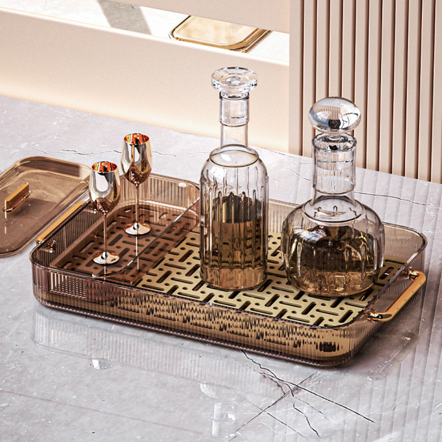 Khay Úp Ly Cốc Trong Suốt 2 Tầng HomeMate Bằng Acrylic Cao Cấp, Khay Trà Thoát Nước Kèm Hộp Đựng Trà Cafe Đa Năng
