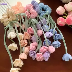 SAIA Floral Scrunchie, Tulips Floral With Dangling Ribbon Hair Tie, Le Muguet Ethereal Design Dangling Ribbon Trang trí Nữ