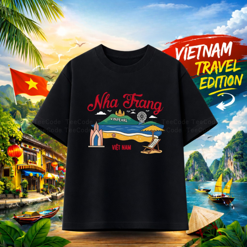 （Giao hàng 24h）Angela Áo Thun Việt Nam Nha Trang Du Lịch Vietnam In Hình Biển Tháp Hòn Nam Nữ Unisex Cổ Tròn#123