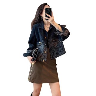 Áo khoác denim họa tiết da báo cổ điển màu đen cho nữ, áo khoác ngắn thời trang trẻ trung mùa hè