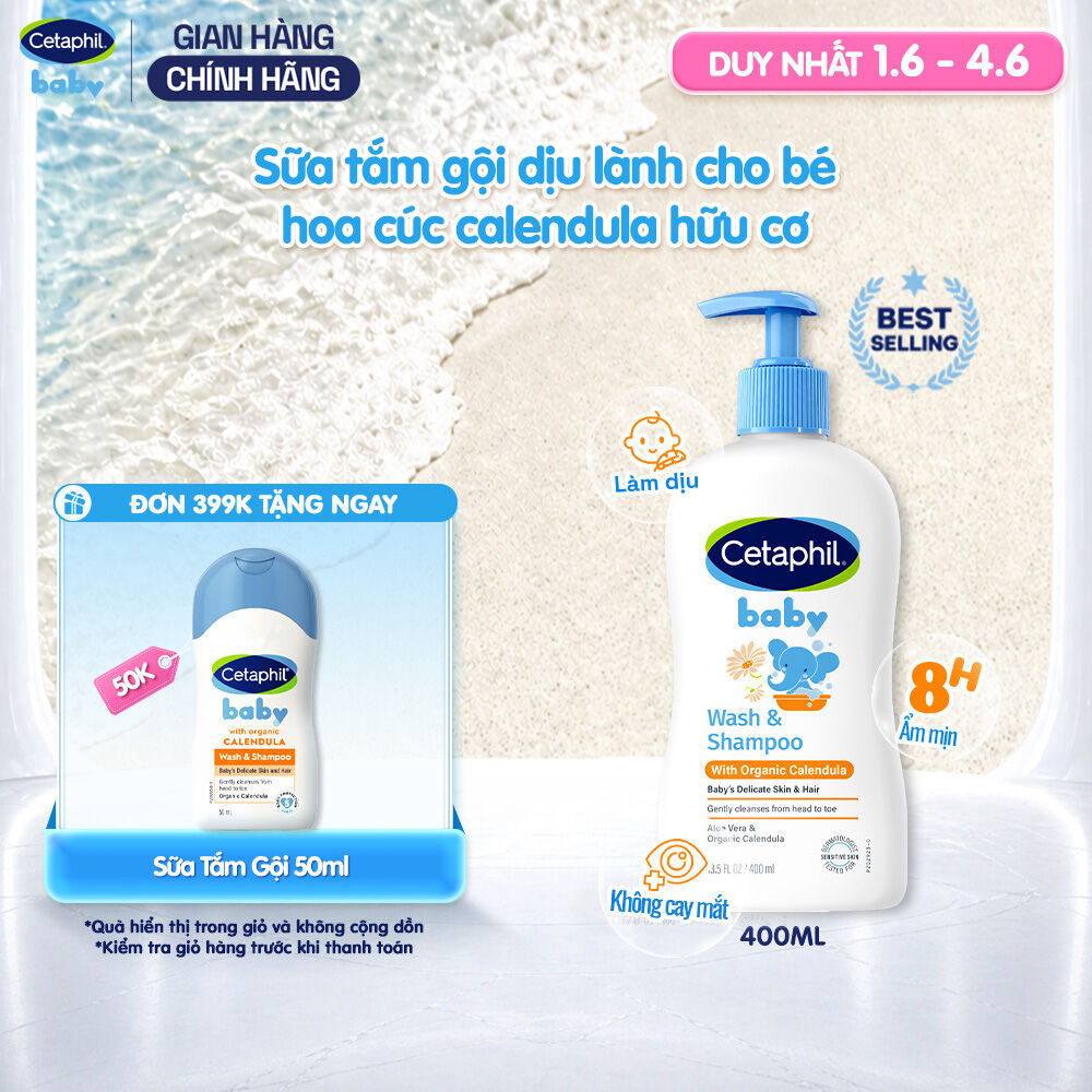 Sữa tắm gội dưỡng ẩm dịu lành cho bé với Calendula hoa cúc hữu cơ CETAPHIL BABY W&SHAMPOO CALENDULA 400ML