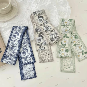 Khăn lụa PYCOU, Khăn Skinny 90 × 7cm cổ điển, Khăn choàng hẹp họa tiết hoa thanh lịch hai mặt đa năng dành cho nữ
