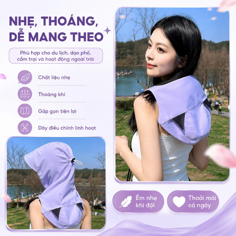 Mũ Chống Nắng Nữ Tai Mèo, Mũ Trùm Đầu Chống Nắng Che Cổ Chống UV, Form Rộng Dễ Thương