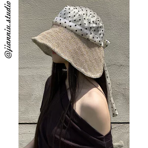 Pháp Retro Chấm Bi Đan Khâu Xô Mũ Nữ Mùa Hè Ngọt Ngào Phù Hợp Với Vành Lớn Thể Hiện Mặt Mũ Chống Nắng Nhỏ