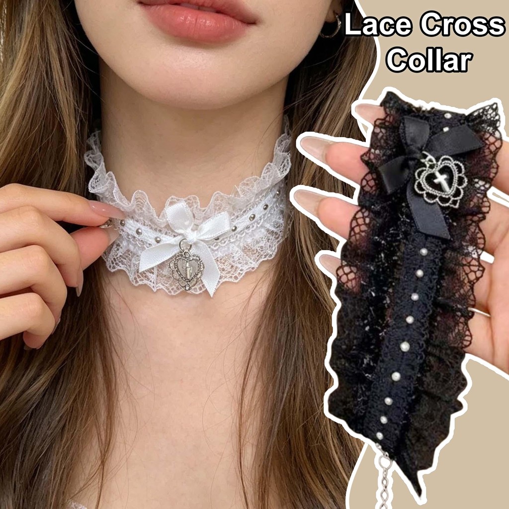 Retro Ren Nơ Trái Tim Đeo Chéo Vòng Cổ - Nữ Handmade Dây Thắt Nút Cổ Trang Sức - Mặt Dây Chuyền Trái Tim Đào Ngọt Ngào Phong Cách Gothic