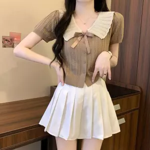 Áo len dệt kim màu tương phản nơ ngọt ngào kiểu Pháp Phiên bản ngắn giản dị mỏng hơn Nhìn tất cả @ -