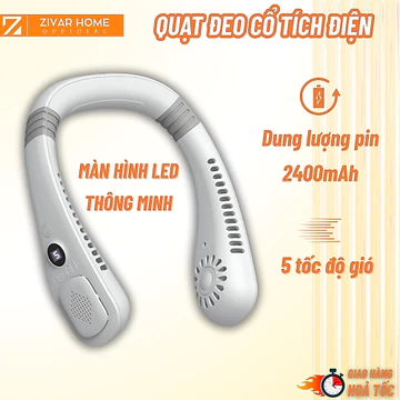 Quạt Đeo Cổ Mini Tích Điện 5 Cấp Độ Gió, Quạt Đeo Cổ Mini Sạc Pin Không Cánh Quạt Không Cánh Có Màn Hình LED