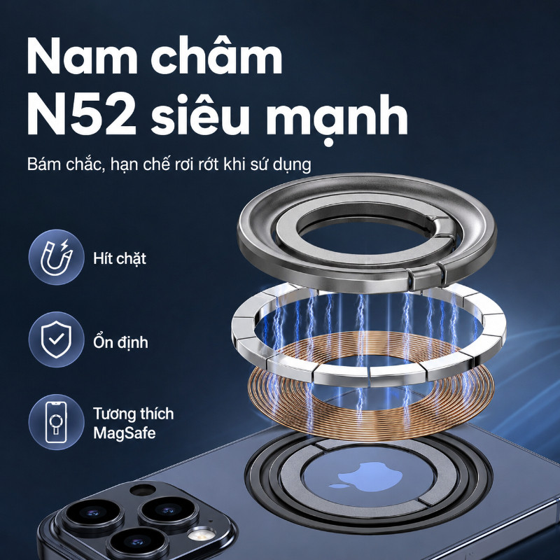 Giá Đỡ Điện Thoại 2 Trong 1 - Kết Hợp Vòng Từ Kép & Chân Gập, Tháo Rời Tiện Dụng, Tương Thích MagSafe