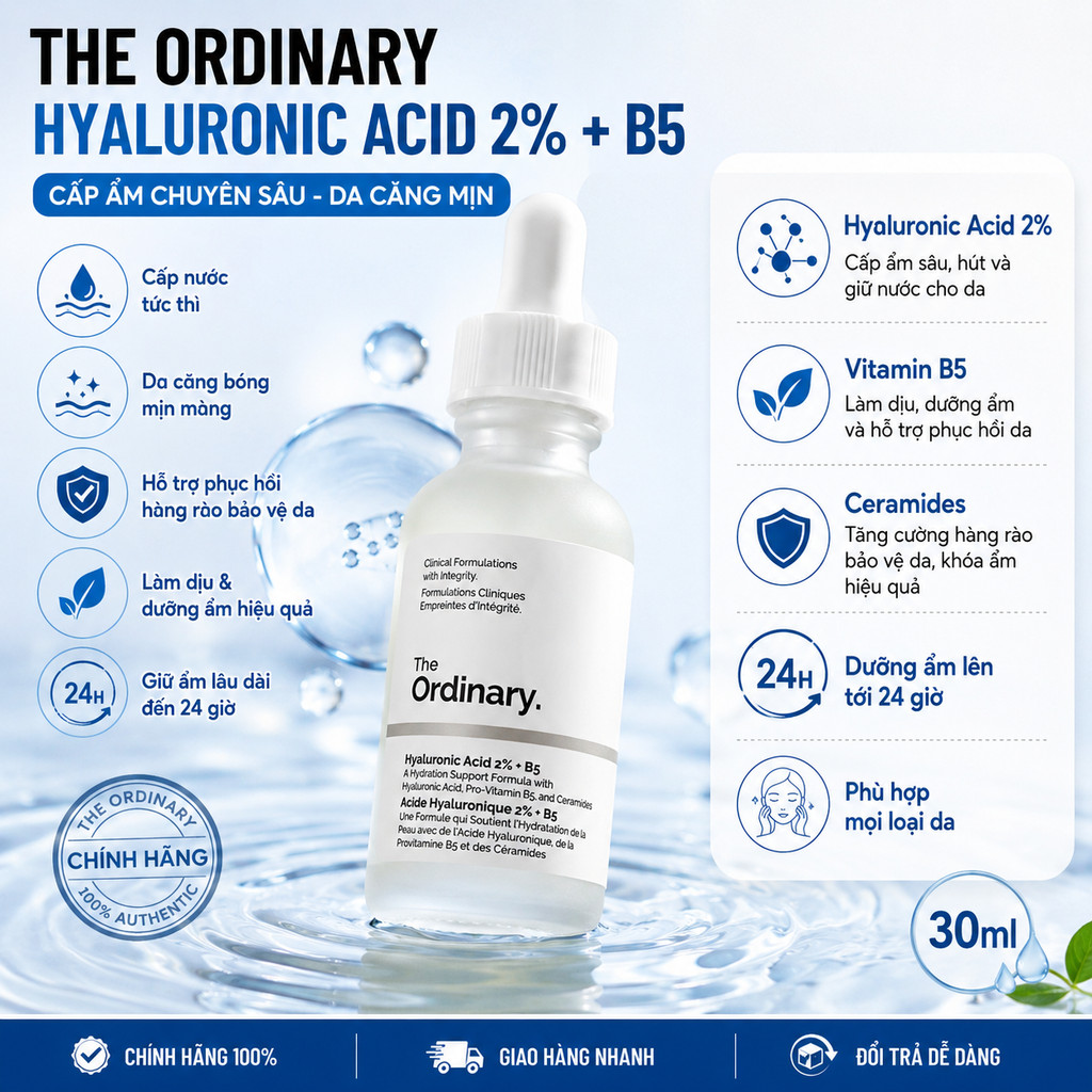 The Ordinary Hyaluronic Acid 2% + B5 30ml Chính Hãng | Serum HA Cấp Ẩm Mịn Da