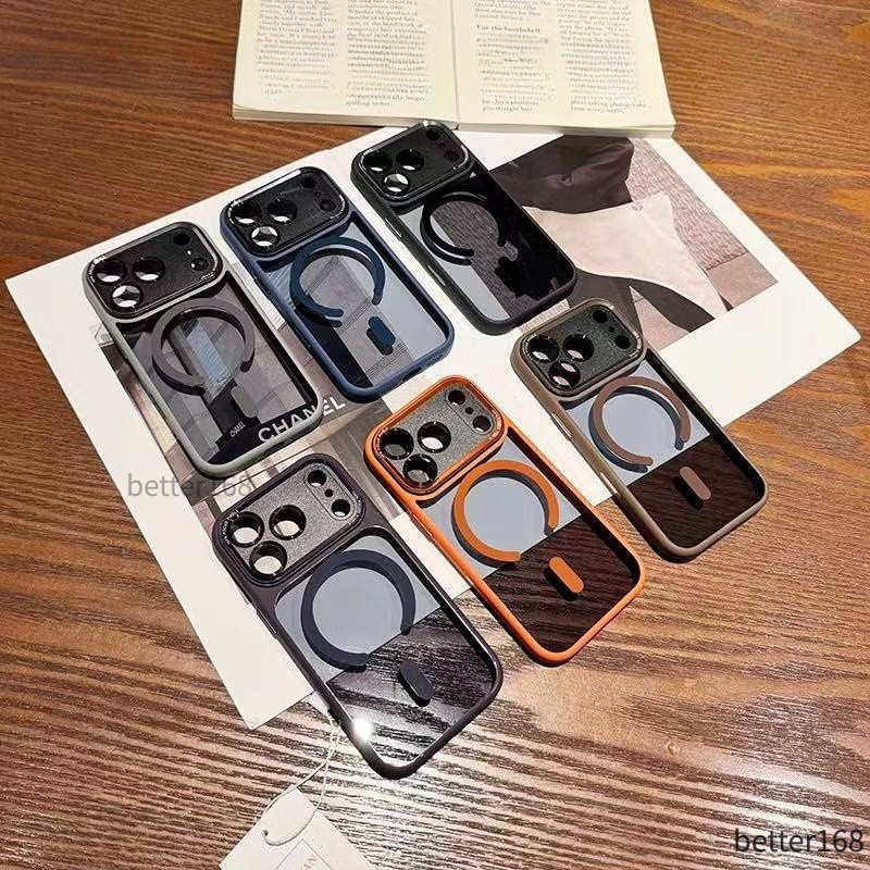Ốp lưng từ tính viền cam nửa trong suốt cho iPhone 13 14 15 16 17ProMax bảo vệ camera hỗ trợ sạc không dây chống va đập